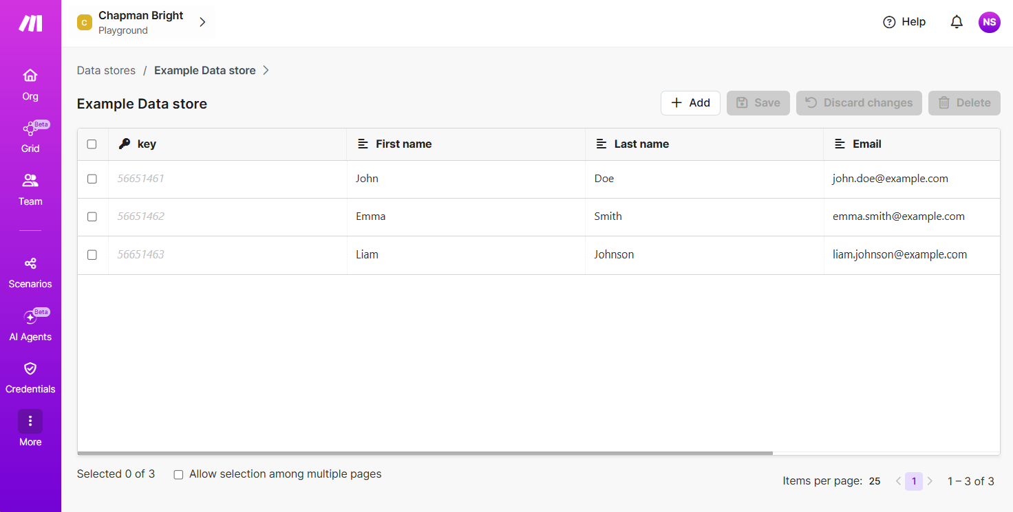 Make.com data store example